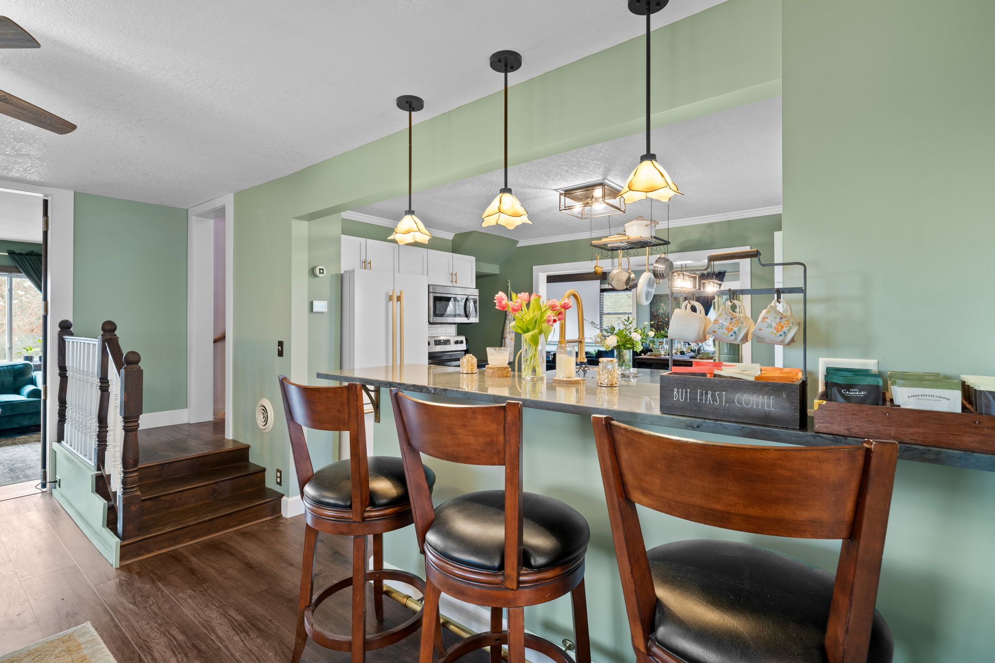 Stylish kitchen bar table at Norse Flora farmhouse venue in Mora, Minnesota